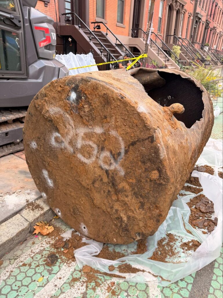 Grove Street, Jersey City: the removed 550-gallon tank showing corrosion holes