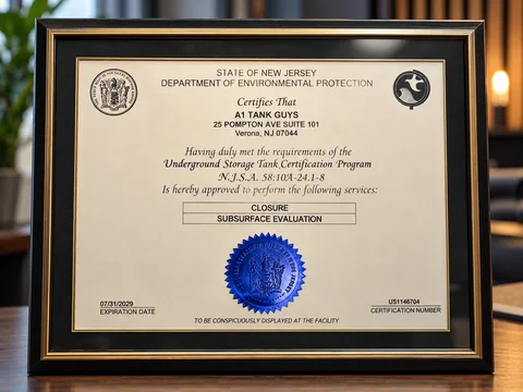 NJDEP Underground Storage Tank certificate for A1 Tank Guys
